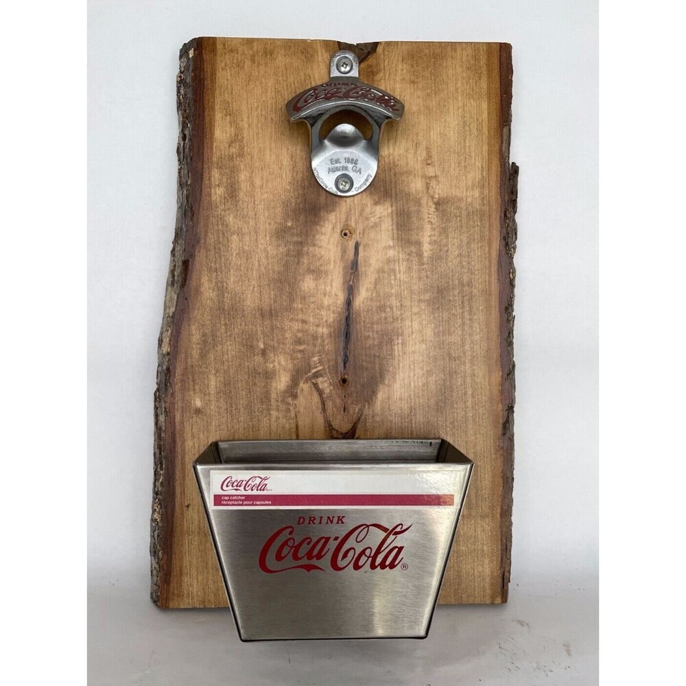 Coca-Cola Wall Mount Bottle Opener & Bucket on Wood Tree Slice Rustic Hand Made